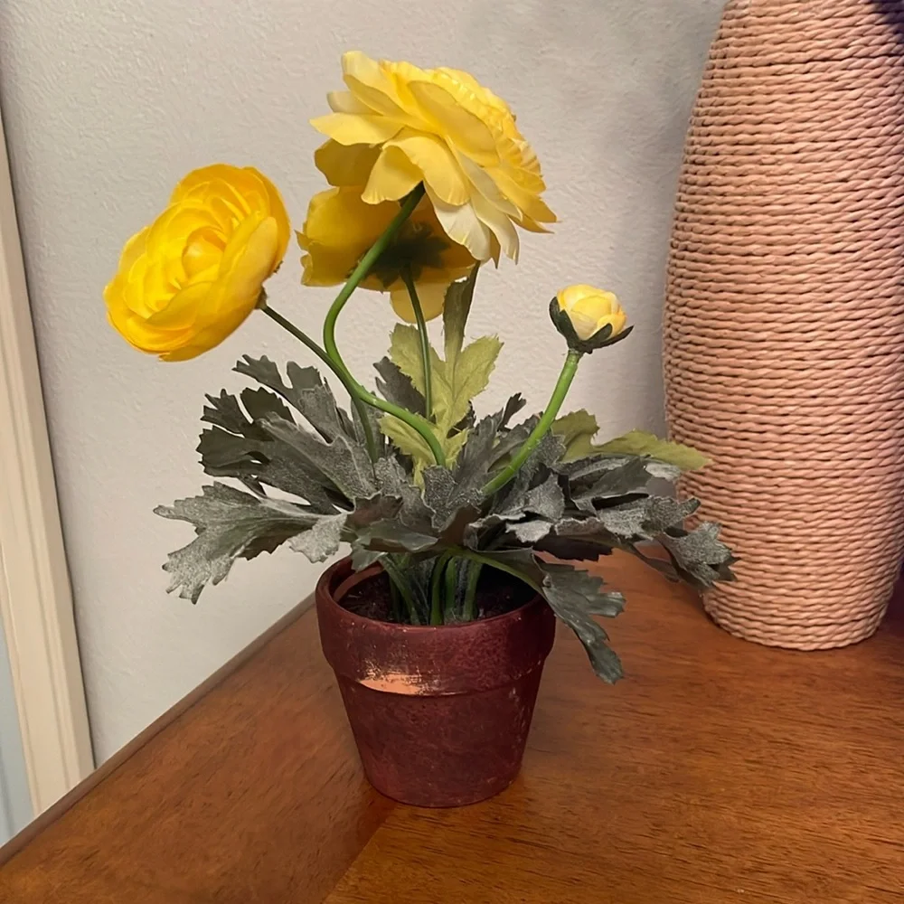 Faux Artificial Potted Yellow Ranunculus Lightly Used